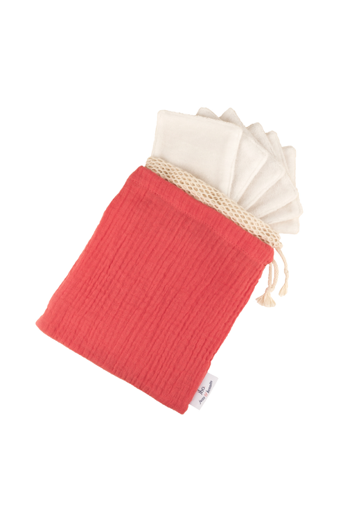 Kit 7 carrés démaquillants lavables + filet + pochette rose