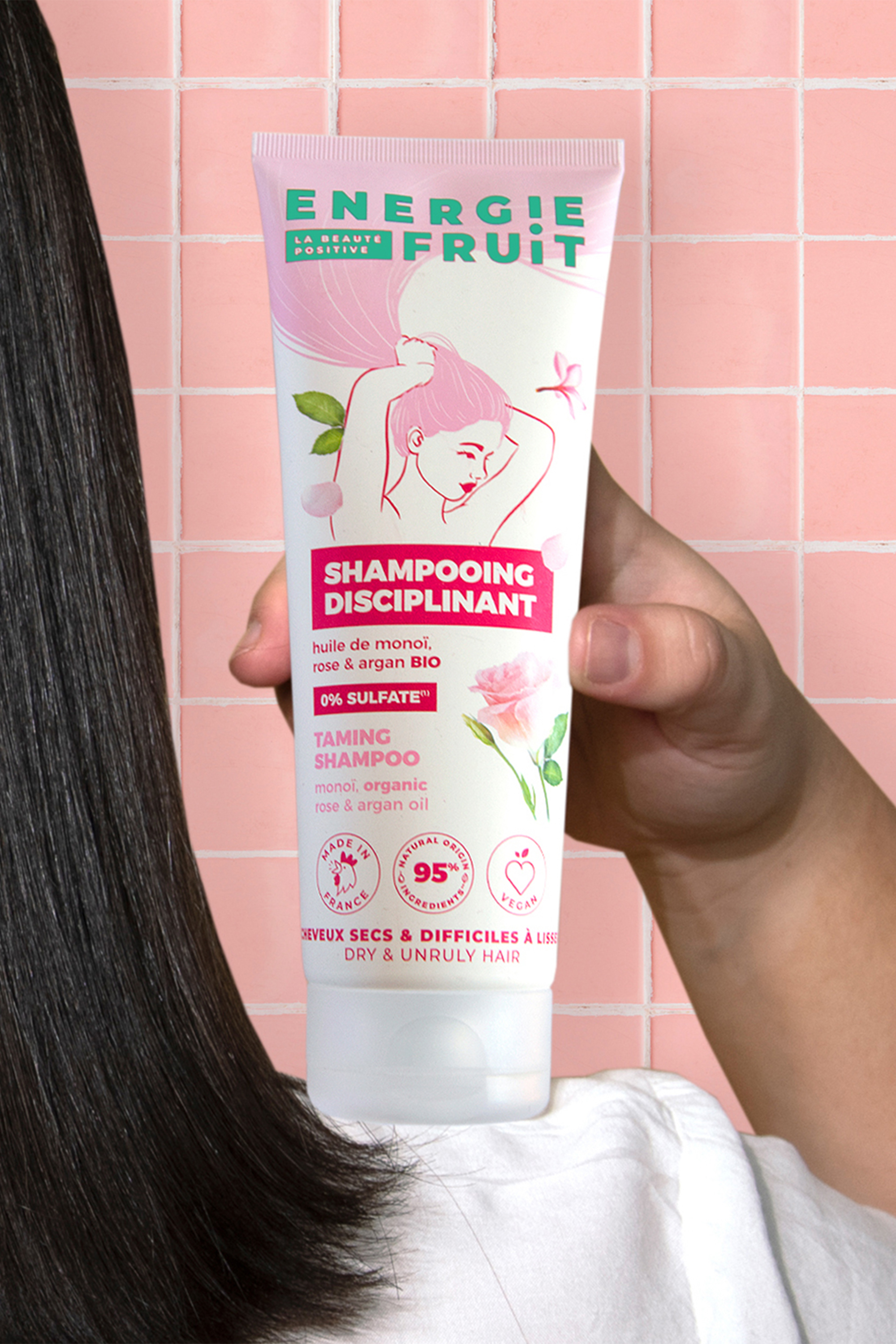 Shampoing disciplinant anti-frisottis au monoï rose et à l’huile d’Argan
