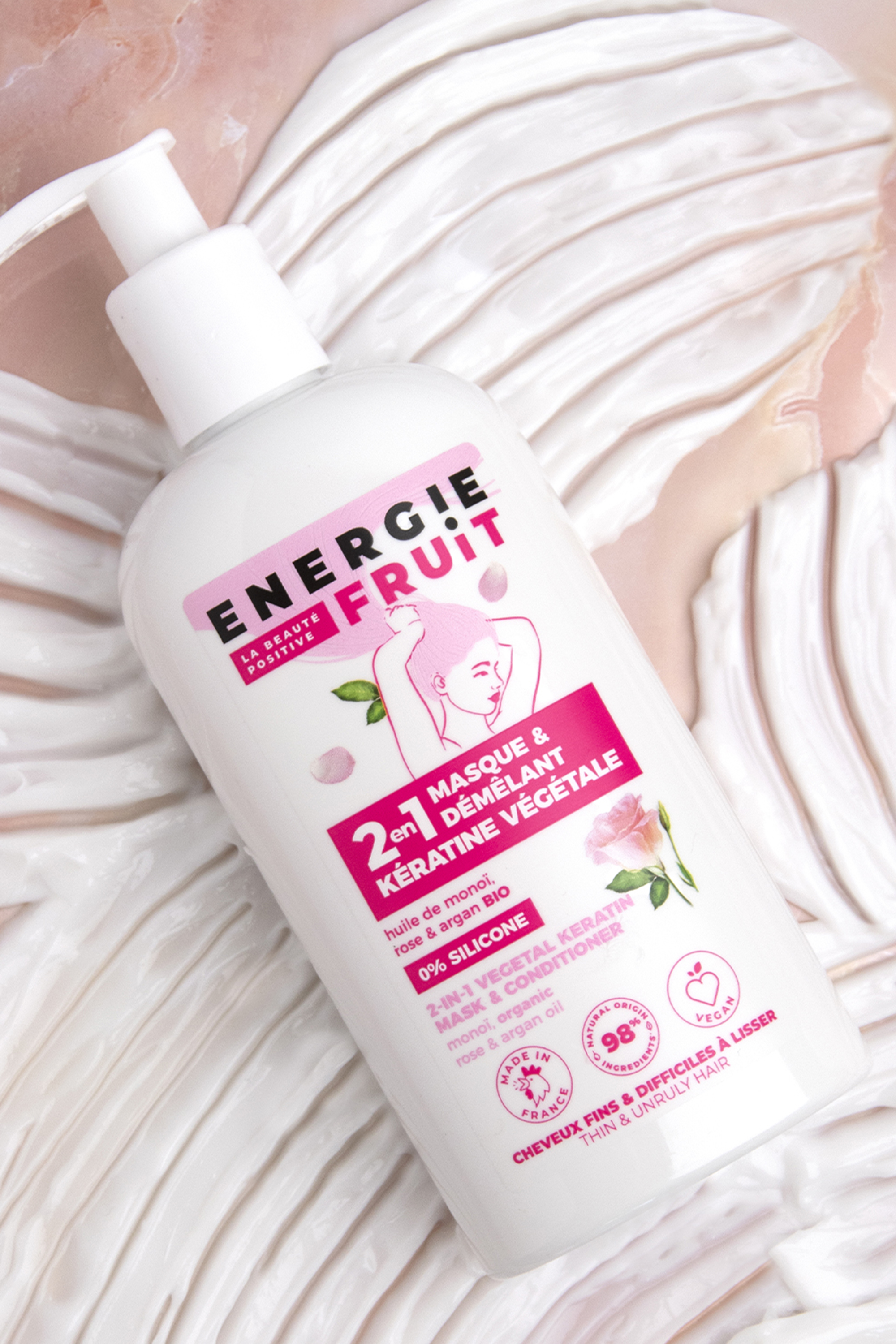 Masque cheveux 2-en 1 au monoï rose et argan bio