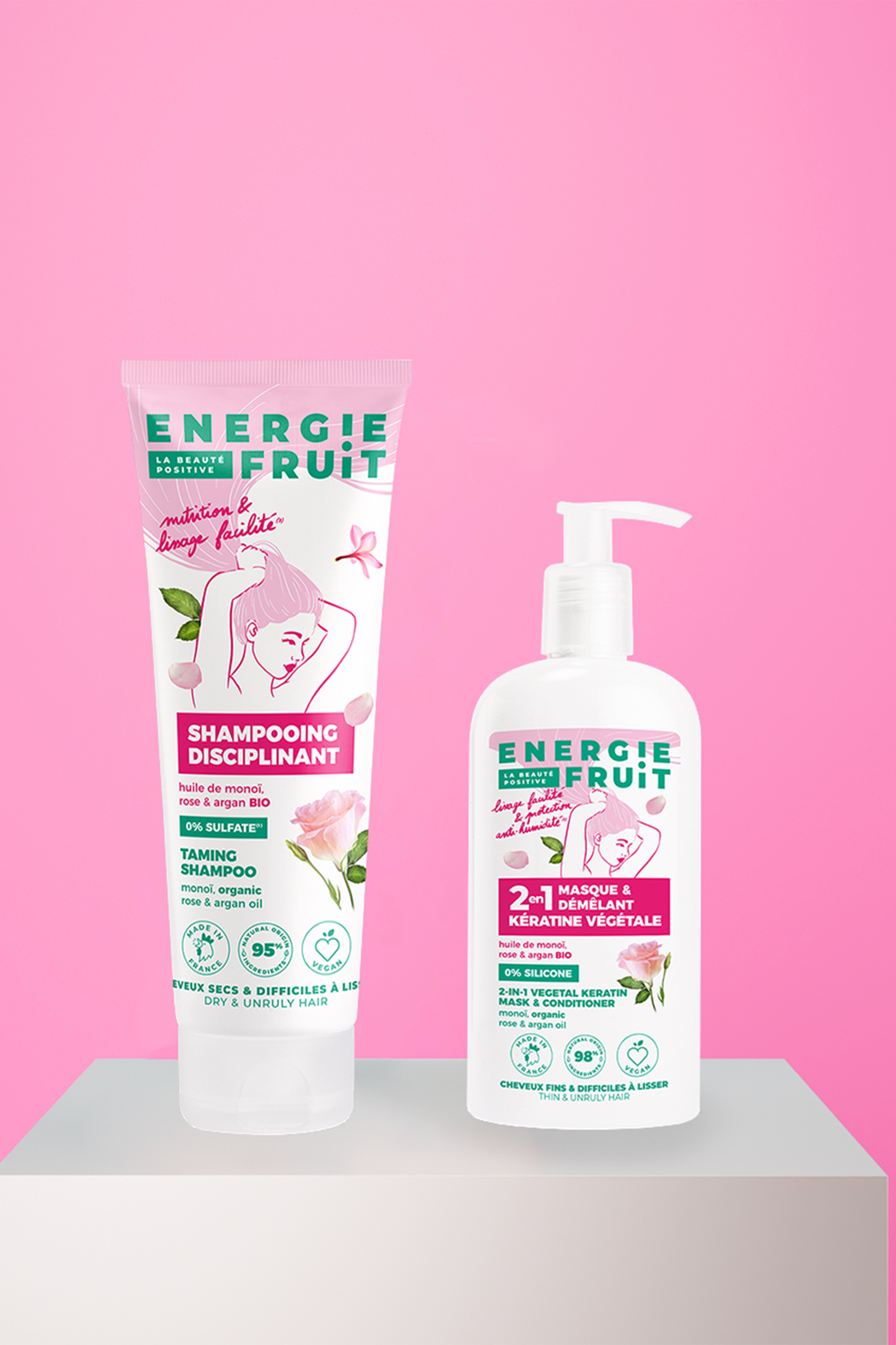 Masque cheveux 2-en 1 au monoï rose et argan bio