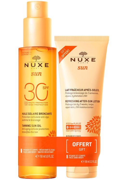 Duo huile solaire bronzante haute protection SPF30 visage et corps & lait fraicheur après-soleil visage et corps 100ml offert