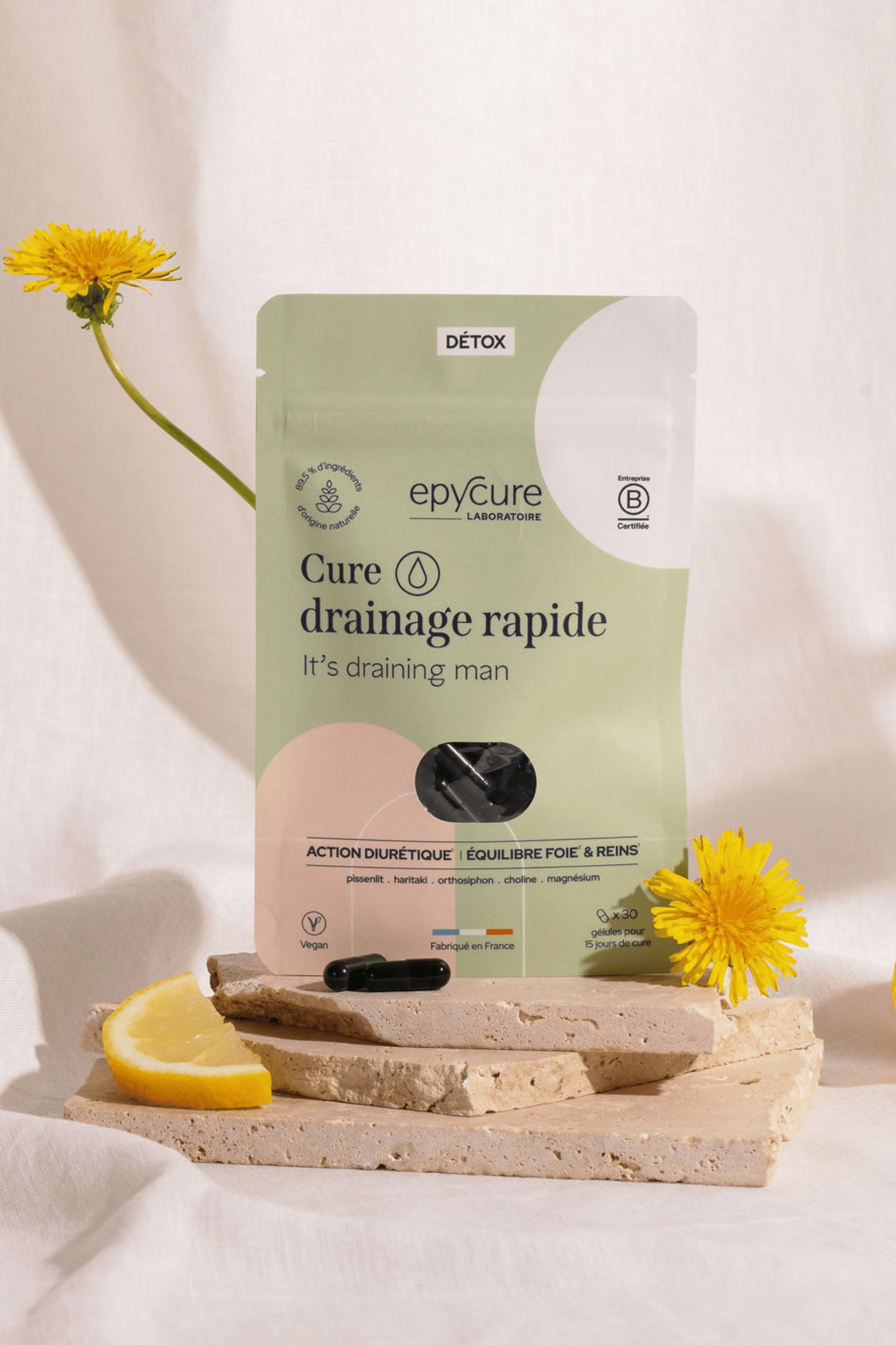 Epycure Minceur - Poudre Drainante Saveur Pomme/Kiwi - 195g, 100% Naturel, Certifié B Corp (péremption 2027)